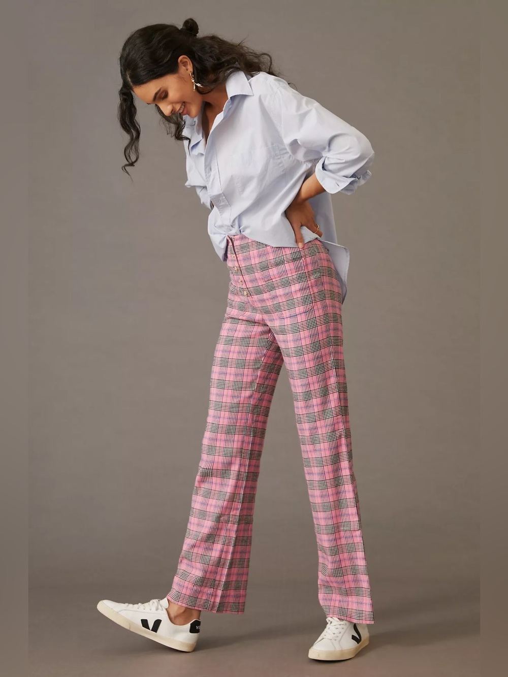 Maeve Anthropologie - Relaxed Wide-Leg Trousers - Pink Plaid - Size 6